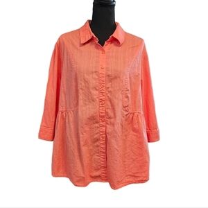 Just My Size Coral Button Up Semi Flair Waist Line 100% Cotton Blouse Size 2XL